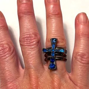 Cross Ring with Blue Rhinestones